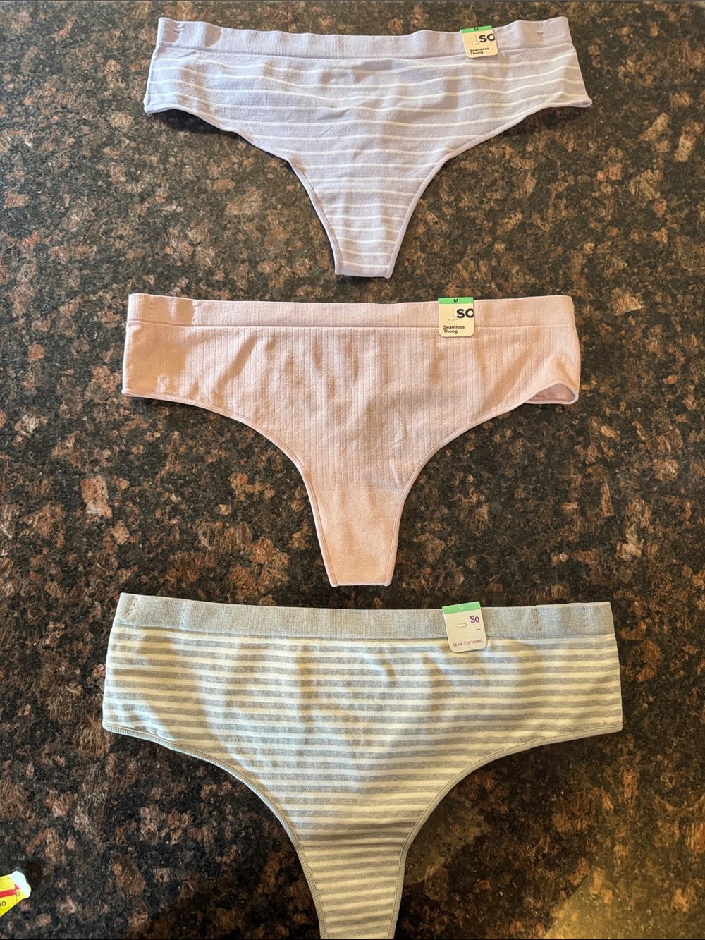 SO Women’s Set Of 3 Pair Thong Panties Lavender, Light Pink, Light Blue Stripes